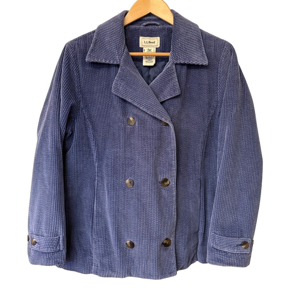 LL Bean Womens Petite Small Blue Corduroy Double Breasted Quilted Peacoat Jacket